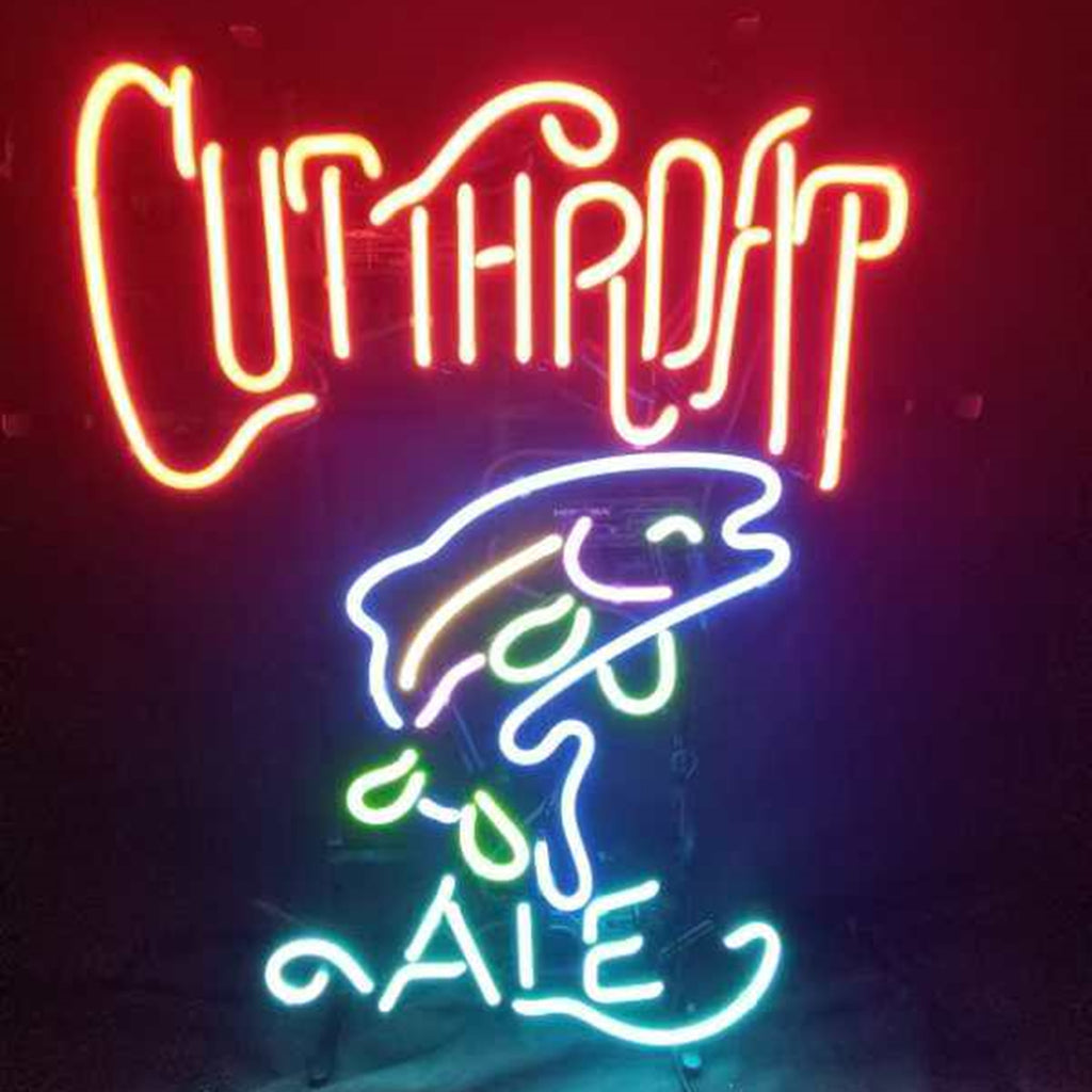 "Cutthroat Ale Fish neon sign glass - bright and vibrant logo, perfect for bars, business shop, garage, man caves wall decor."