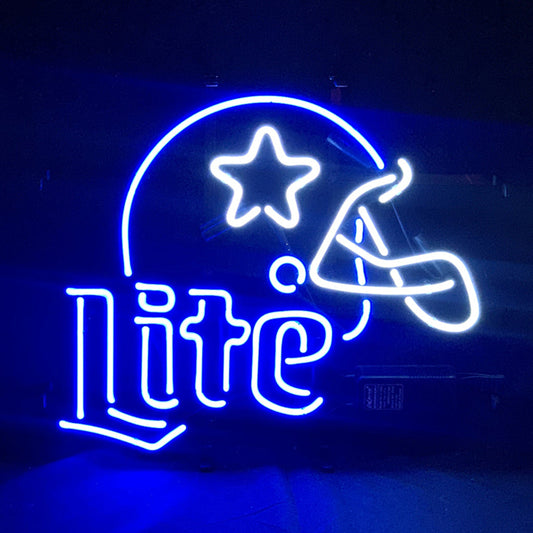 Dallas Cowboys Helmet with Miller Lite Beer Neon Signs Glass- sleek and stylish, perfect for garages, man caves, and auto enthusiasts."