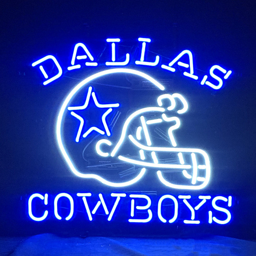 "Dallas Cowboys with Helmet neon sign glass - vibrant team logo, perfect for sports bars, game rooms, and fan spaces."