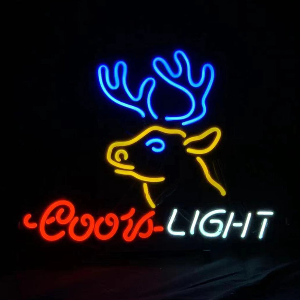 "Deer and Coors Light Beer neon sign glass - bright and vibrant logo, perfect for bars, game rooms, and man caves."