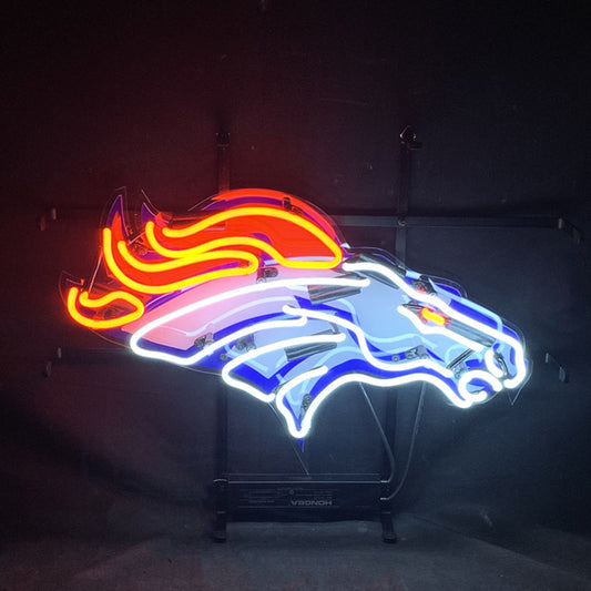 "Denver Broncos Horse neon sign glass - vibrant team logo, perfect for sports bars, game rooms, and fan spaces."