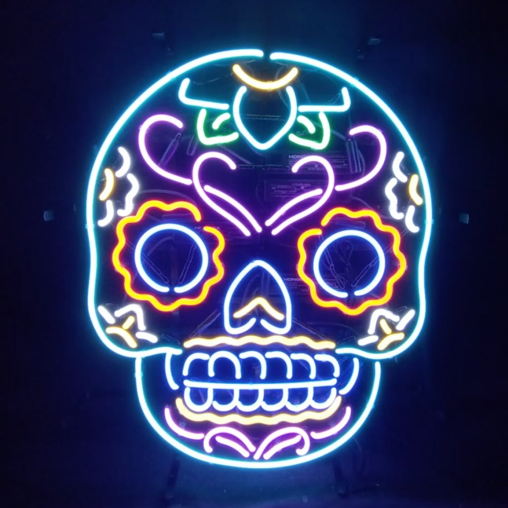 Dia De Los Muertos Hanuted Skull Mask Neon Signs-hand-bent glass with gas-filled, metal grid frame. Perfect for man caves, rooms, gift.
