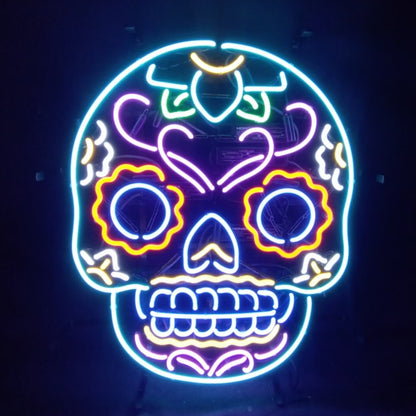 Dia De Los Muertos Hanuted Skull Mask Neon Signs-hand-bent glass with gas-filled, metal grid frame. Perfect for man caves, rooms, gift.