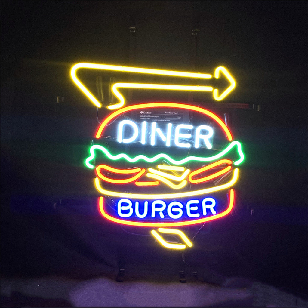 "Diner burger arrow neon sign glass- perfect for garages, man caves, shops. Eye-catching on wall and window"