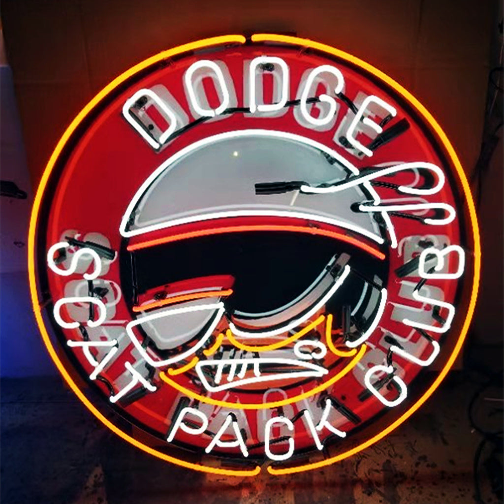 " Doge scat pack club neon sign glass - sleek and stylish, perfect for garages, man caves, and auto enthusiasts."