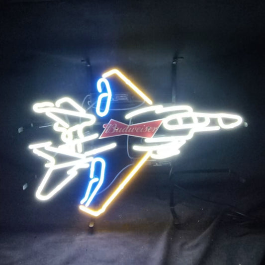 "Vintage fighter plane silhouette with glowing beer font neon lettering in white/yellow/blue glass tubes, ideal for aviation-themed bars."