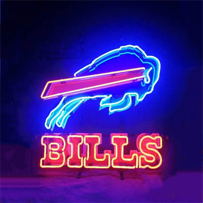 "Fighting Bull Buffalo Bills neon sign glass - vibrant team logo, perfect for sports bars, game rooms, and fan spaces."