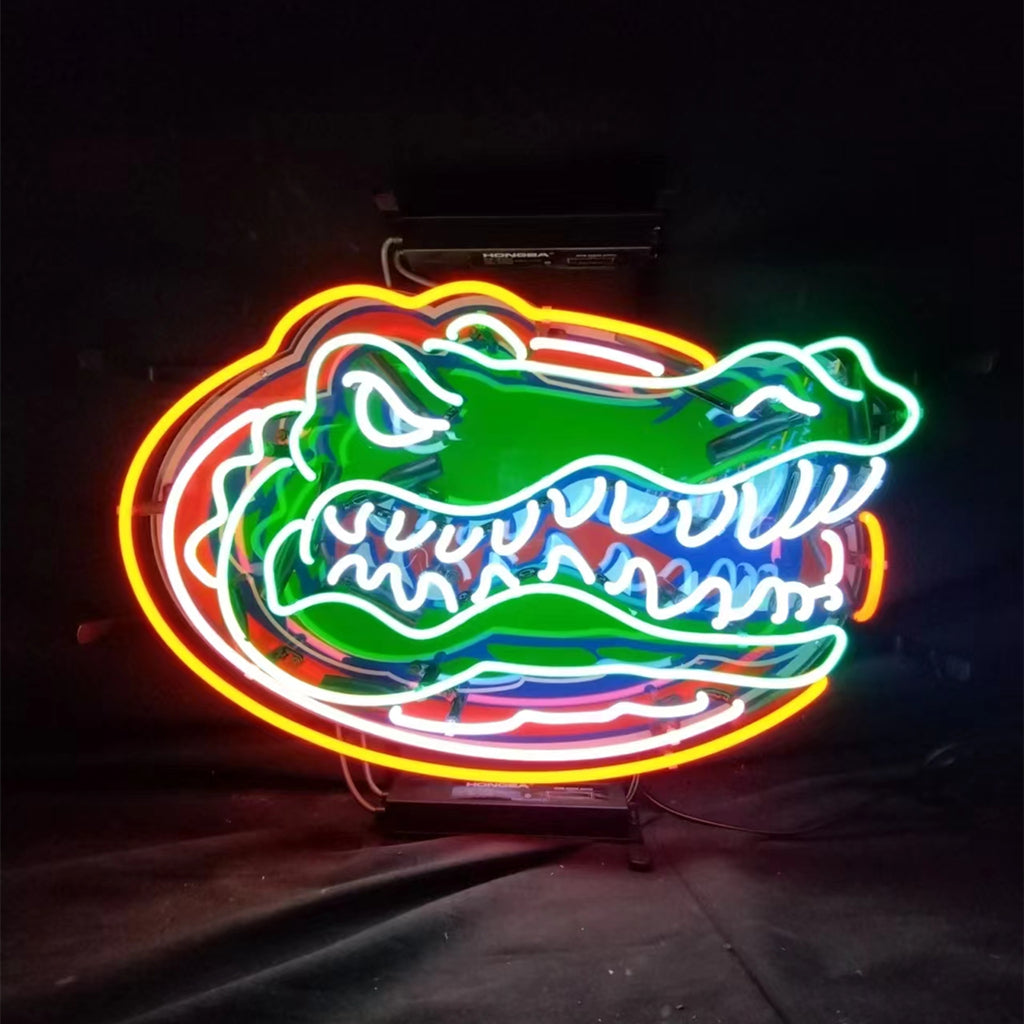 "Florida Gators neon sign glass - vibrant team logo, perfect for sports bars, game rooms, and fan spaces."