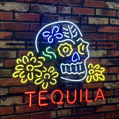 Tequila Lager Skull Bone with Flower Neon Signs Light