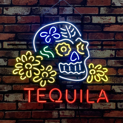 Tequila Lager Skull Bone with Flower Neon Signs Light