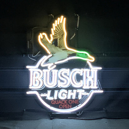 "White busch light flying duck quack one open neon sign glass - bright and vibrant logo, perfect for bars, shops, man caves gift decoration."