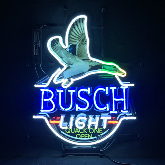 "Flying Duck Busch Light Quack One Open neon sign glass - bright and vibrant logo, perfect for bars, shops, man caves gift decoration."
