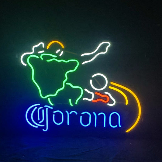 "Football Player with Corona neon sign glass - bright and vibrant logo, perfect for bars, game rooms, and man caves."
