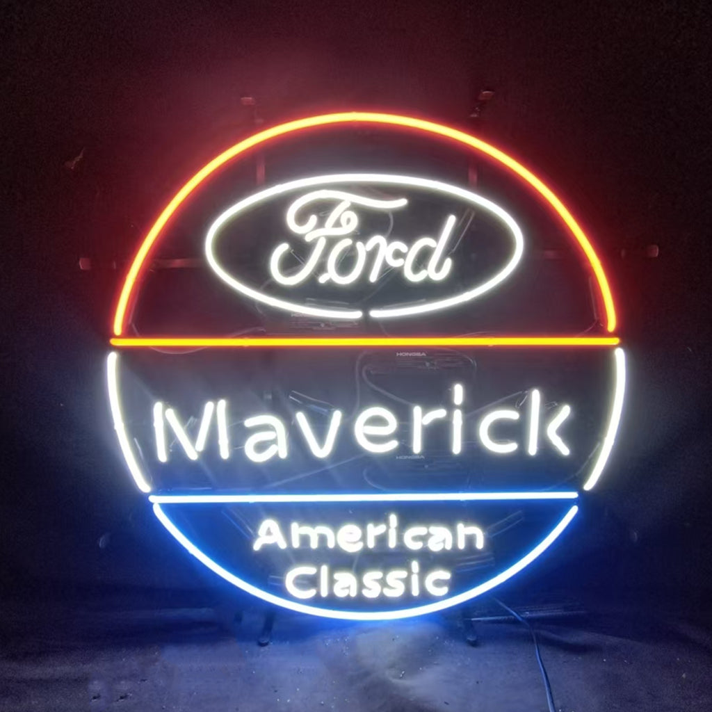 " Ford Maverick American Classic neon sign glass - sleek and stylish, perfect for garages, man caves, and auto enthusiasts."