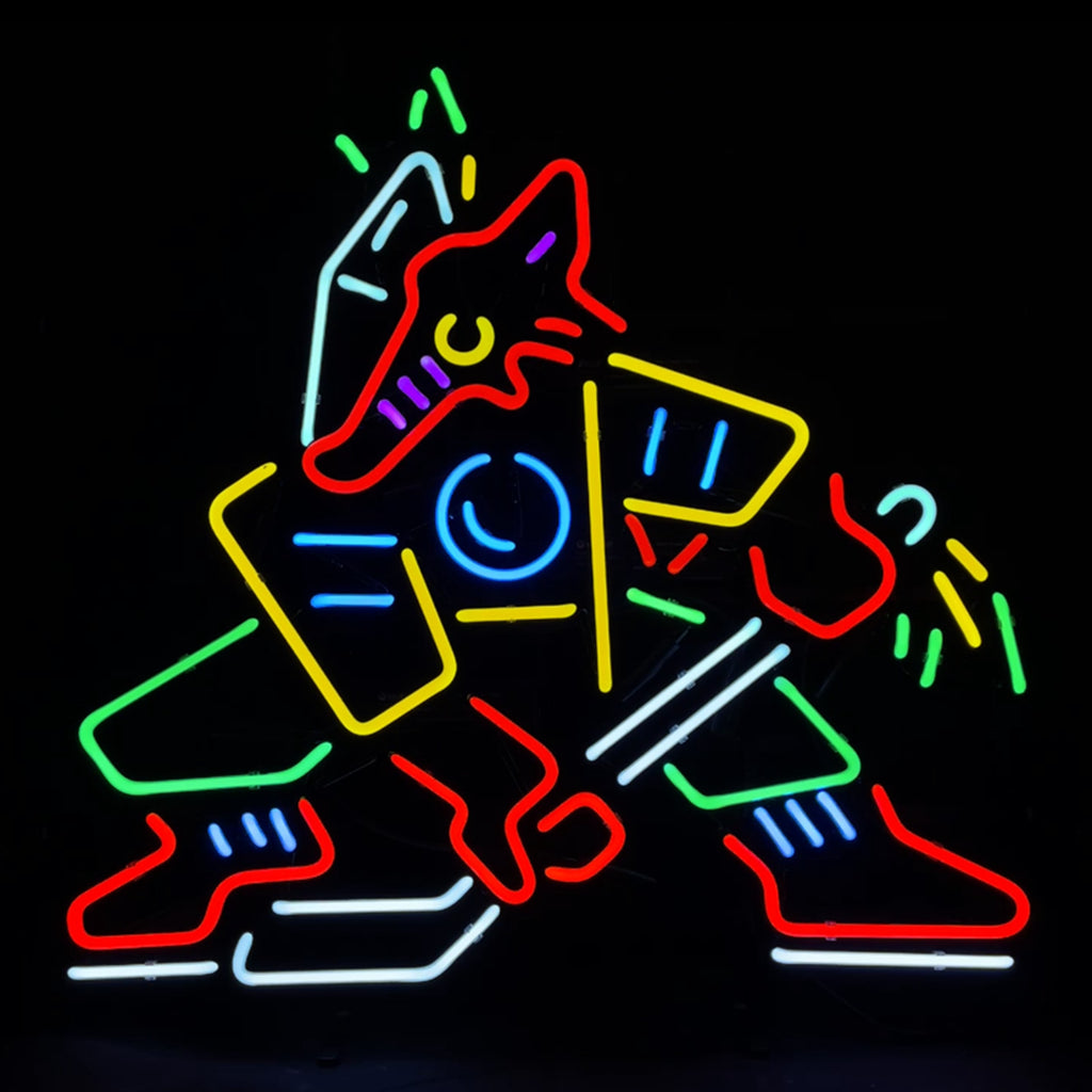 "Fox Hockey neon sign glass - vibrant team logo, perfect for sports bars, game rooms, and fan spaces."