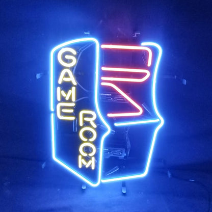 "Game Room Machine neon sign glass- perfect for garages, man caves, shops. Eye-catching on wall and window"