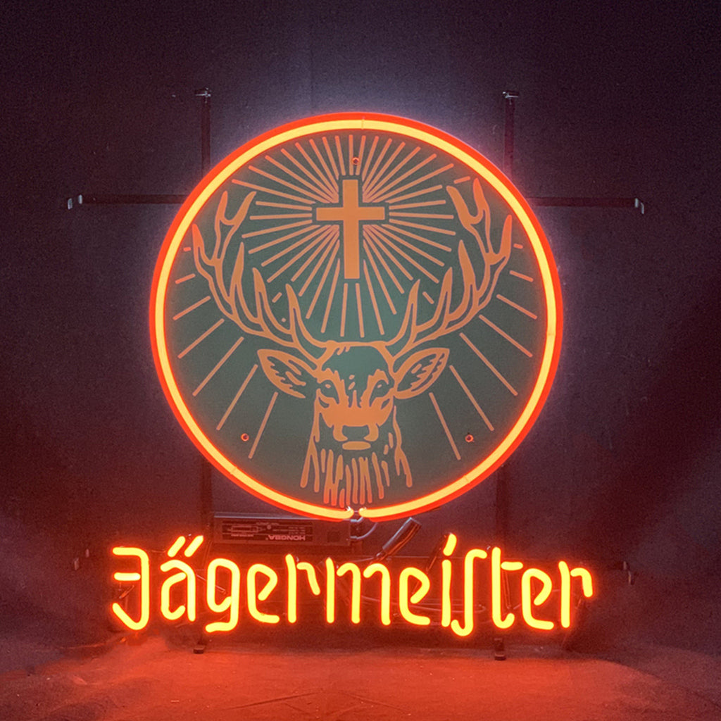 "Jagermeifter Beer with Stag Head neon sign glass - bright and vibrant logo, perfect for bars, shops, man caves gift decoration."