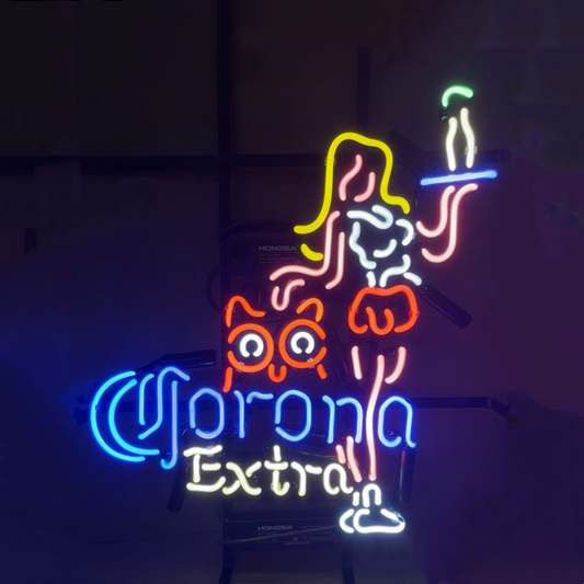 "Girl Corona Extra with Hooters neon sign glass - bright and vibrant logo, perfect for bars, game rooms, and man caves."
