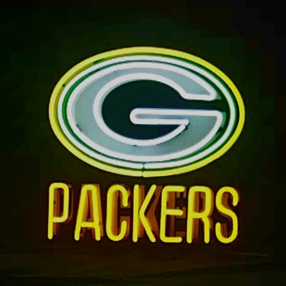 "Green Bay Packers neon sign glass - vibrant team logo, perfect for sports bars, game rooms, and fan spaces."