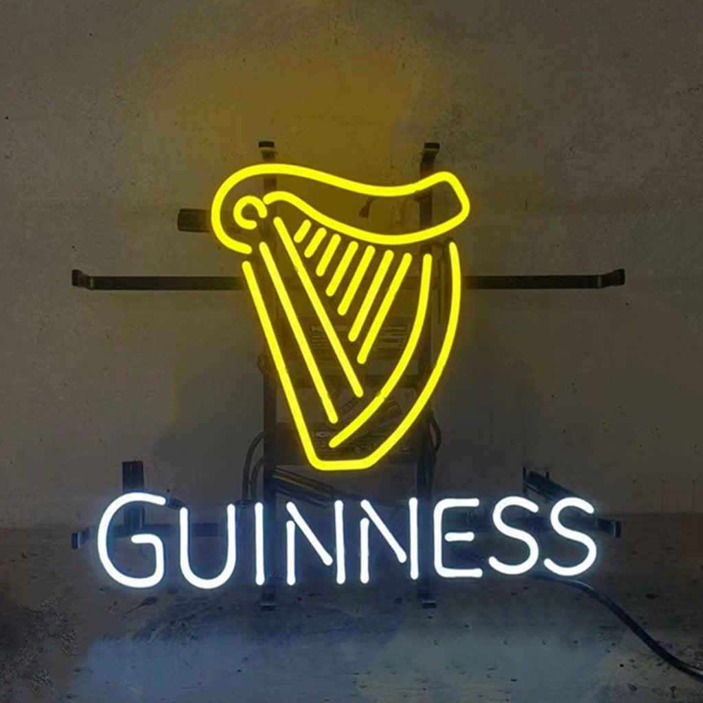 "Guinness Lager with Harp neon sign glass - bright and vibrant logo, perfect for bars, shops, man caves gift decoration."