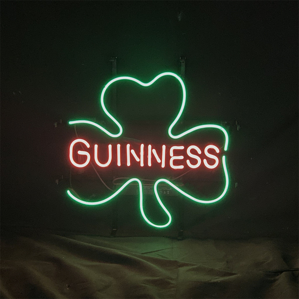 "Guinness with Clover Lager Beer neon sign glass - bright and vibrant logo, perfect for bars, game rooms, and man caves."