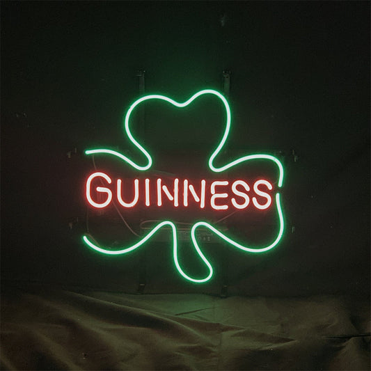 "Guinness with Clover Lager Beer neon sign glass - bright and vibrant logo, perfect for bars, game rooms, and man caves."