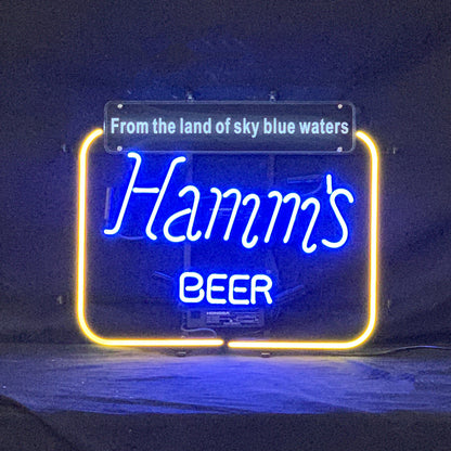 "From the land of sky blue waters Hamm's Beer neon sign glass - bright and vibrant logo, perfect for bars, shops, man caves gift decoration."