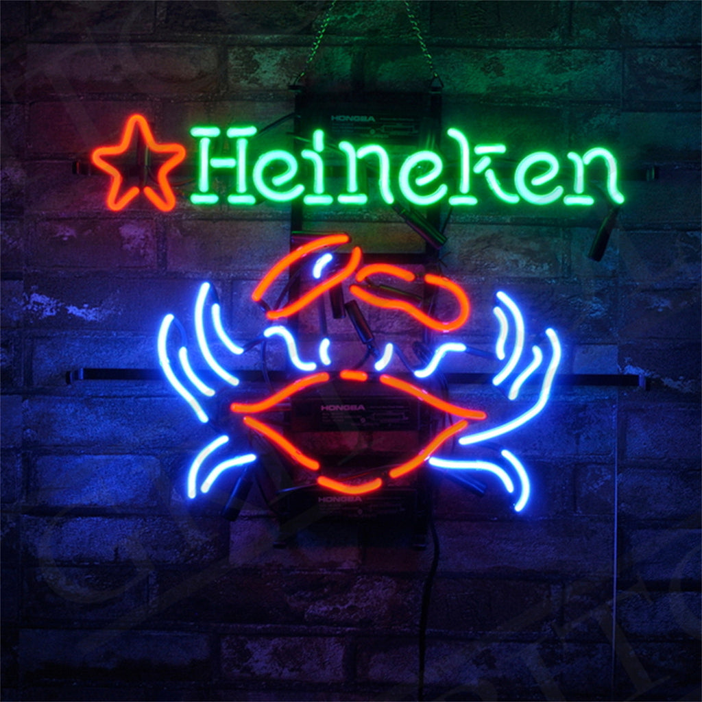 "Heineken Beer Crab neon sign glass - bright and vibrant logo, perfect for bars, game rooms, and man caves."