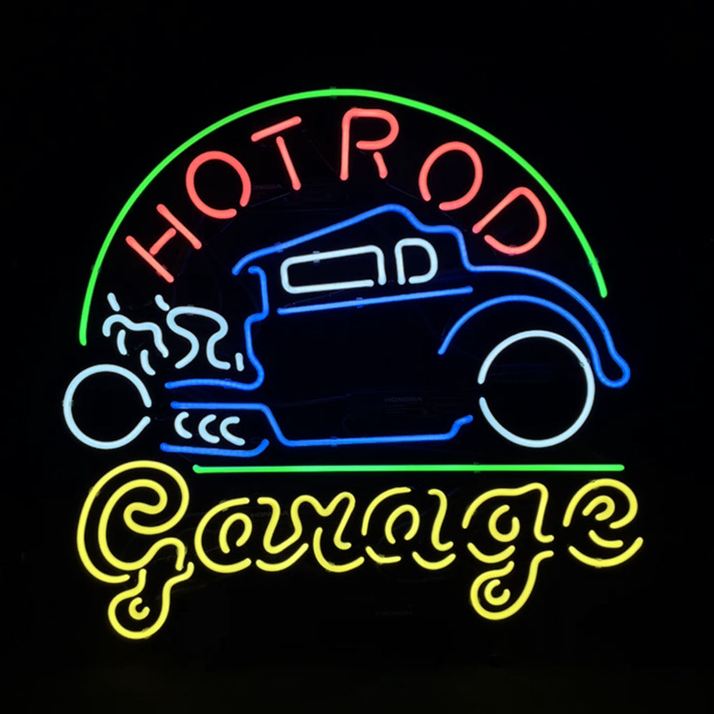 "Hot Rod Garage Auto Car neon sign glass- perfect for garages, man caves, shops. Eye-catching on wall and window"