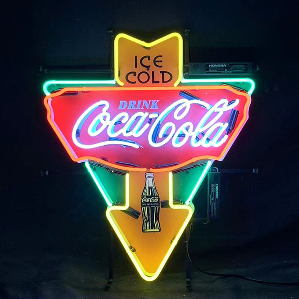 "Ice Cold Drink Coca Cola neon sign glass - bright and vibrant logo, perfect for bars, shops, man caves gift decoration."