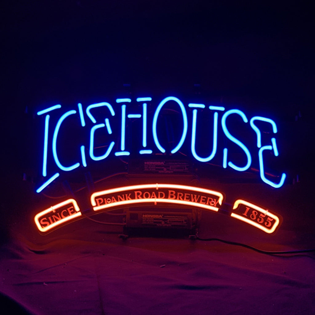 "ICEHOUSE SINCE PLANK ROAD BREWERY 1855 neon sign glass - bright and vibrant logo, perfect for bars, shops, man caves gift decoration."