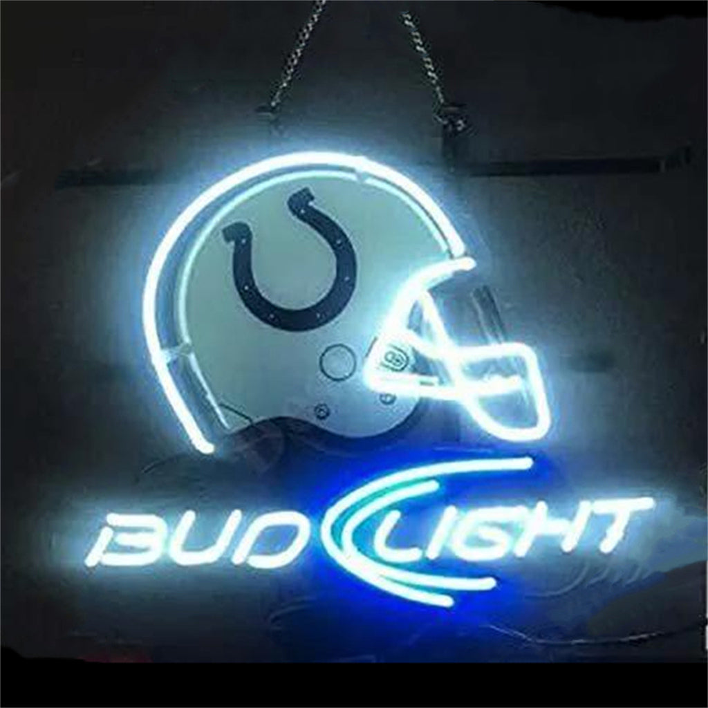 "Indianapolis Colts Helmet Bud Light neon sign glass - vibrant team logo, perfect for sports bars, game rooms, and fan spaces."