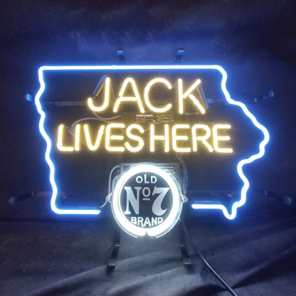 "Jack Live Here Iowa Maps neon sign glass - bright and vibrant logo, perfect for bars, business shop, garage, man caves wall decor."