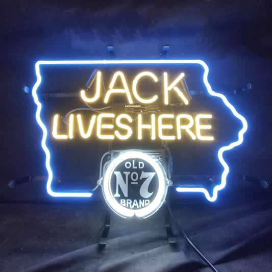 "Jack Live Here Iowa Maps neon sign glass - bright and vibrant logo, perfect for bars, business shop, garage, man caves wall decor."