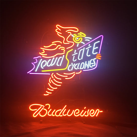 "Iowa State Cyclone Budweiser neon sign glass - vibrant team logo, perfect for bars, game rooms, and fan spaces.”