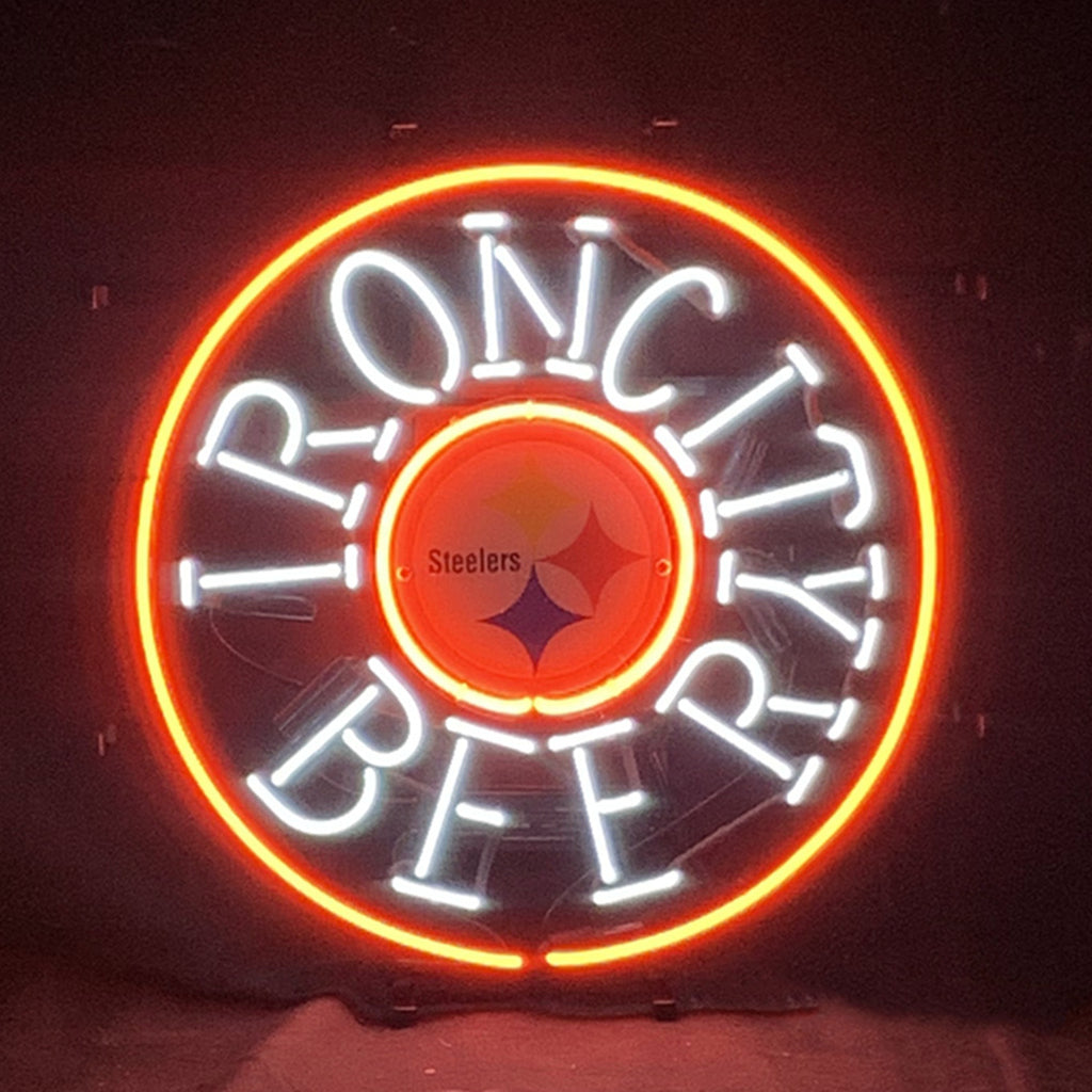 "Iron City Beer with Steelers Sport neon sign glass - bright and vibrant logo, perfect for bars, shops, man caves gift decoration."