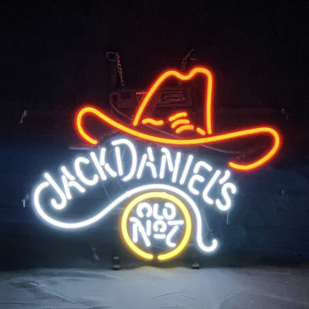 "Jack Daniel's Old No.7 with Cowboy Hat neon sign glass - bright and vibrant logo, perfect for bars, shops, man caves gift decoration."