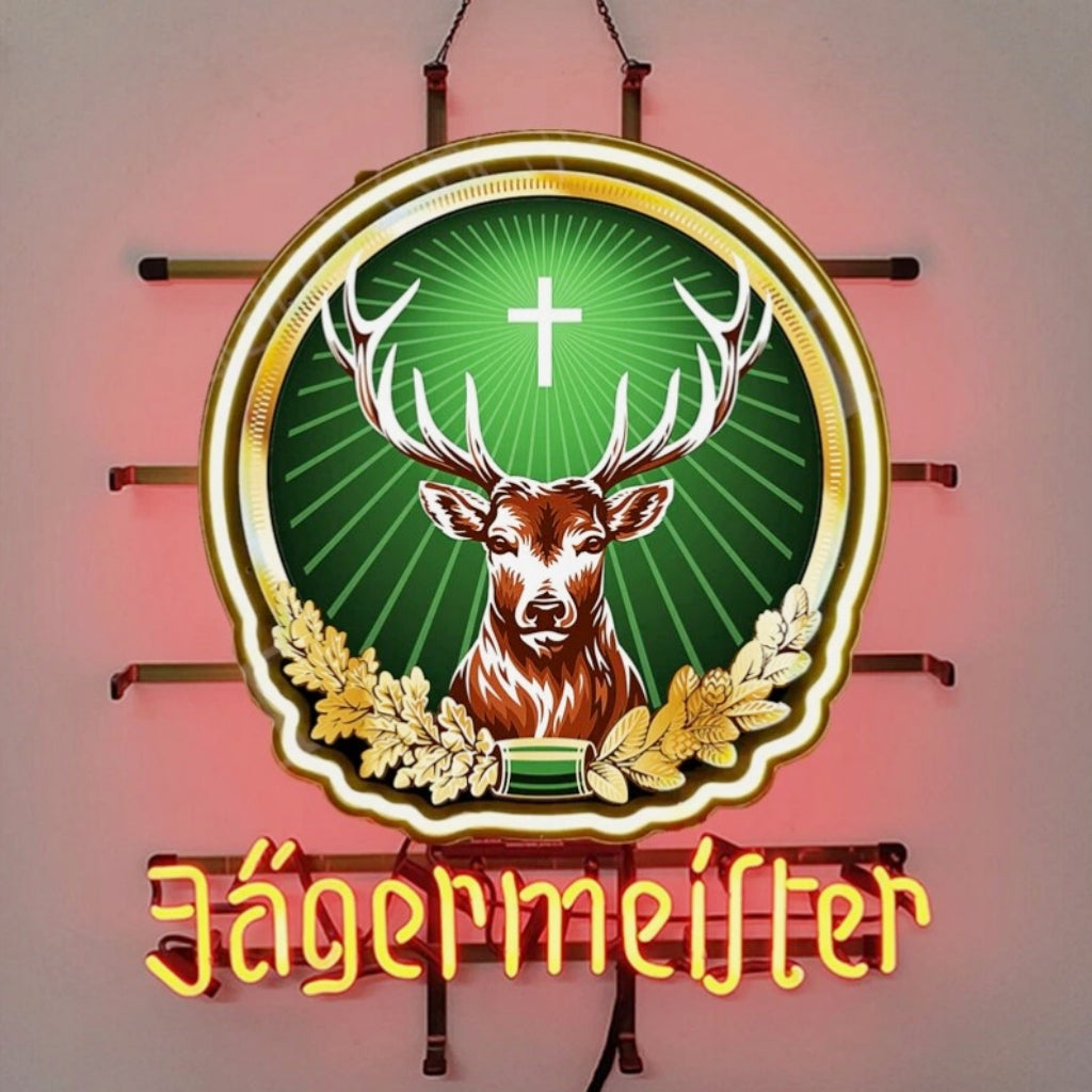 Jägermeister Neon Bar Sign - Authentic handcrafted neon featuring real glass tubes and precision-cut acrylic. This vibrant beer sign delivers the iconic Jägermeister glow, perfect for enhancing bars, game rooms, or retail displays.