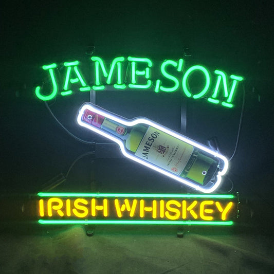 "Jameson Irish Whiskey with Bottle Acrylic neon sign glass - bright and vibrant logo, perfect for bars, shops, man caves gift decoration."