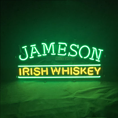 "Jameson Irish Whiskey neon sign glass - bright and vibrant logo, perfect for bars, game rooms, and man caves."