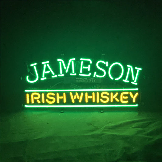 "Jameson Irish Whiskey neon sign glass - bright and vibrant logo, perfect for bars, game rooms, and man caves."