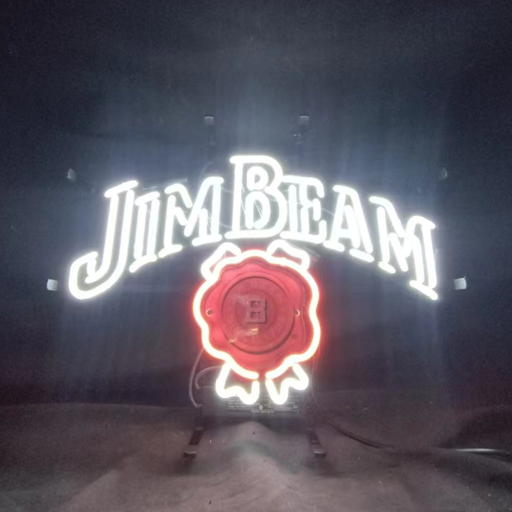 "Jim Beam Whiskey neon sign glass - bright and vibrant logo, perfect for bars, business shop, garage, man caves wall decor."