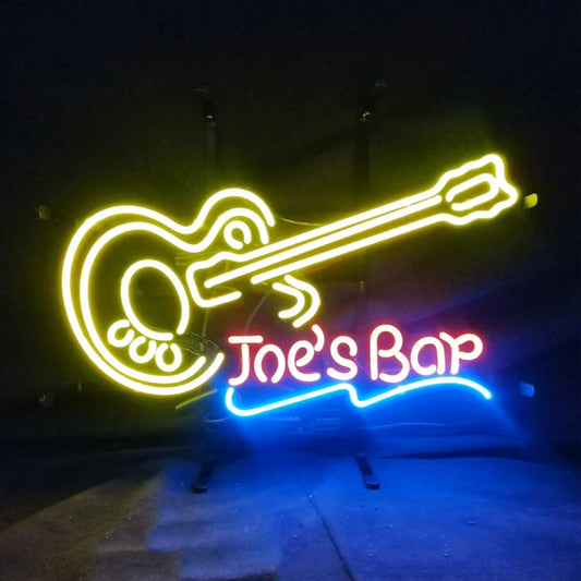 "Joe's Bar Guitar neon sign glass - bright and vibrant logo, perfect for bars, shops, man caves gift decoration."