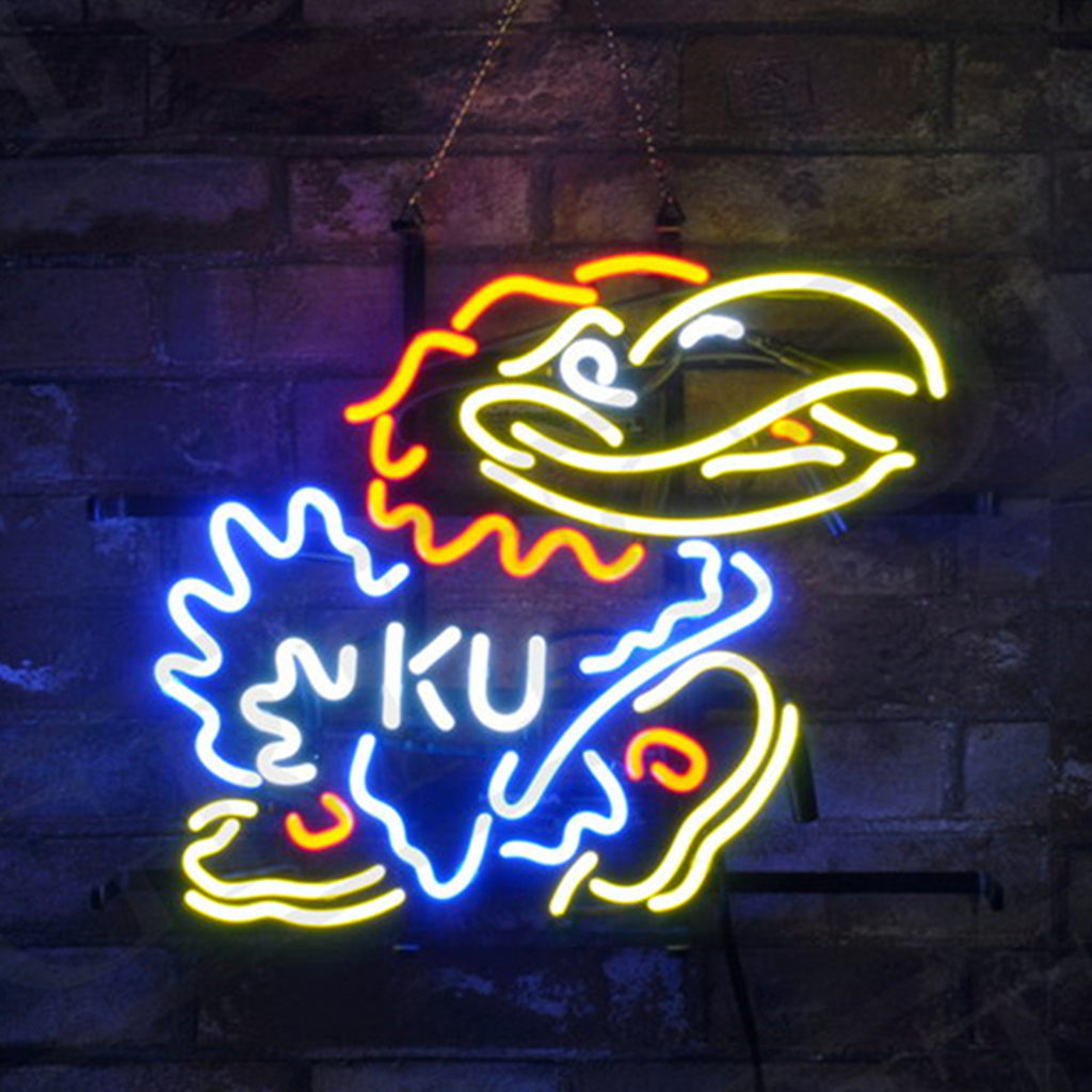 "Kansas Jayhawks neon sign glass - vibrant team logo, perfect for sports bars, game rooms, and fan spaces."