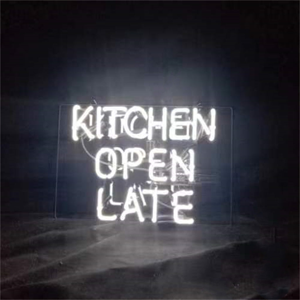 "Kitchen open late neon sign glass- perfect for garages, man caves, shops. Eye-catching on wall and window"