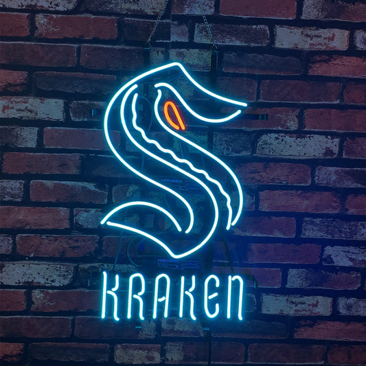 "Seattle Kraken neon sign glass - bright and vibrant logo, perfect for bars, game rooms, and man caves."