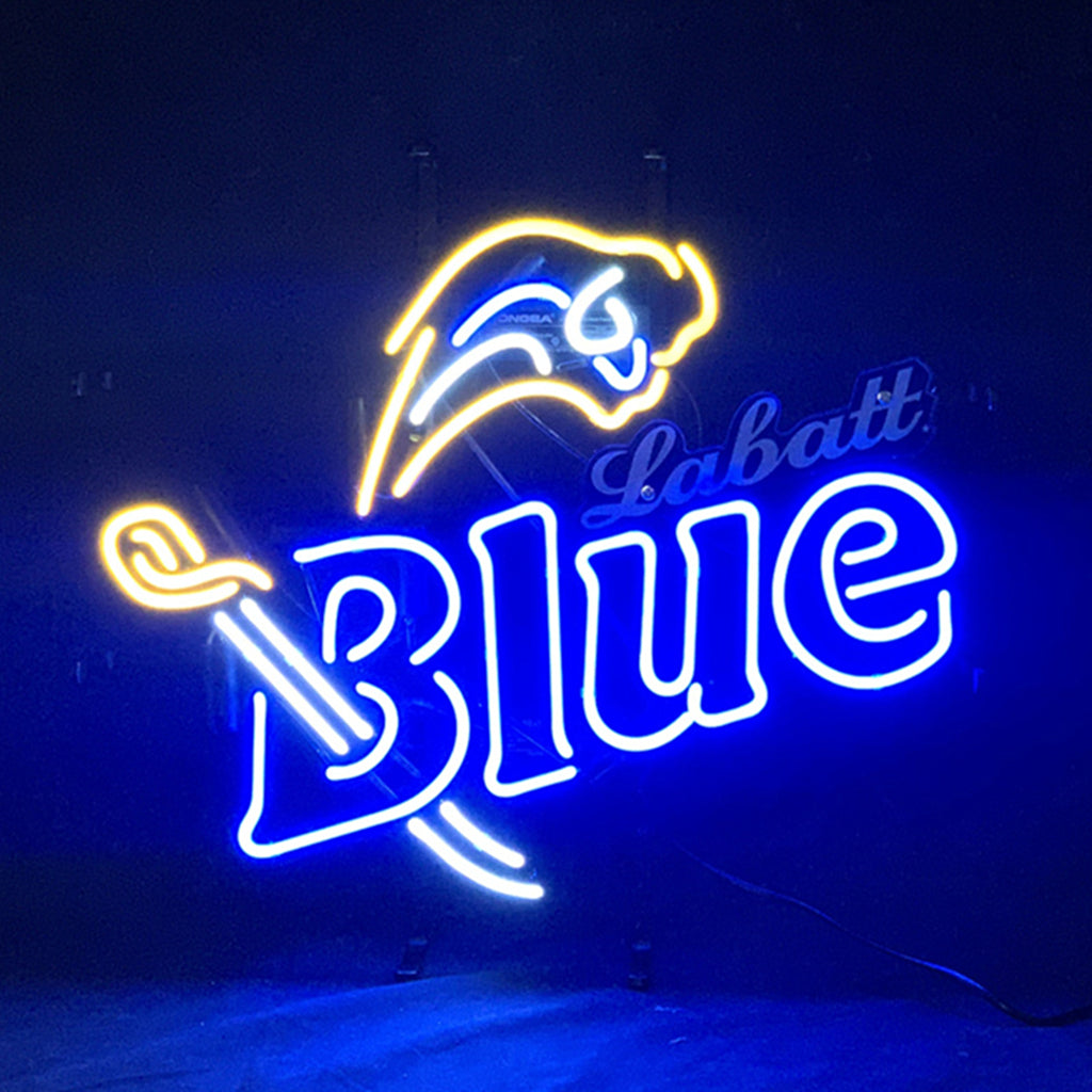 "Labatt Blue Beer Rams neon sign glass - vibrant team logo, perfect for sports bars, game rooms, and fan spaces."