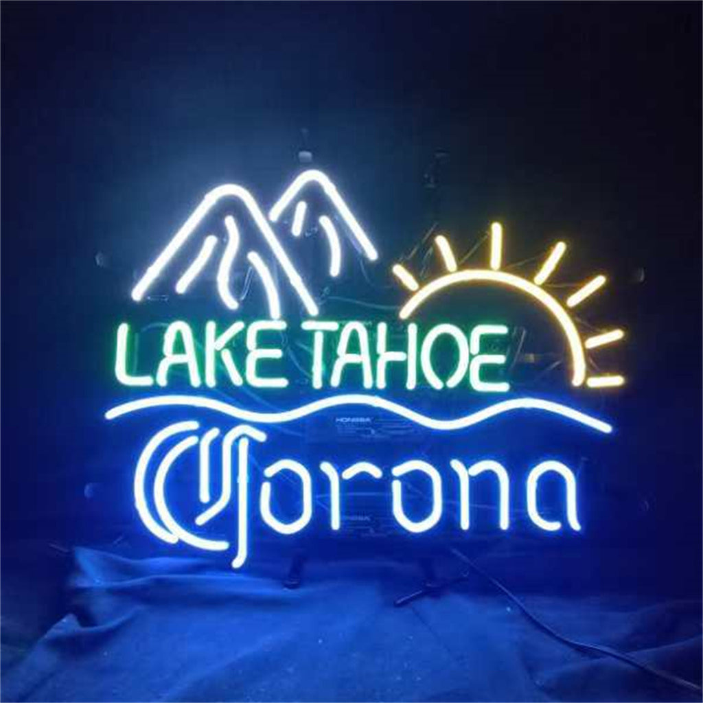 "Lake Tahoe Corona Extra Sun Mountain neon sign glass - bright and vibrant logo, perfect for bars and man caves."