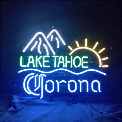 "Lake Tahoe Corona Extra Sun Mountain neon sign glass - bright and vibrant logo, perfect for bars and man caves."