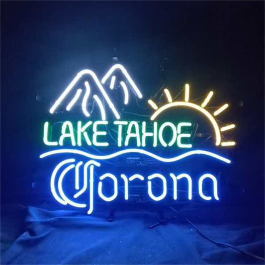 "Lake Tahoe Corona Extra Sun Mountain neon sign glass - bright and vibrant logo, perfect for bars and man caves."